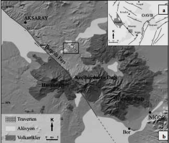 Şekil 2. (a) İnceleme alanının Orta Anadolu Volkanik Bölgesi içerisindeki genel konumu ve  (b) İnceleme alanının çevresindeki volkanik çıkış merkezleri
