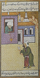 Fotoğraf 2. Zenbilli Ali Efendi, iple sarkıttığı zenbille soruları evinin penceresinden alırken